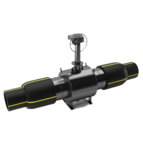 Кран шаровой цельносварной LD КШ.Ц.ПЭ.Р.GAS.400.016.П/П.02.H Ду 400 Ру 16 стальной полнопроходный для подземной установки с ПЭ патрубками и редуктором L = 3450